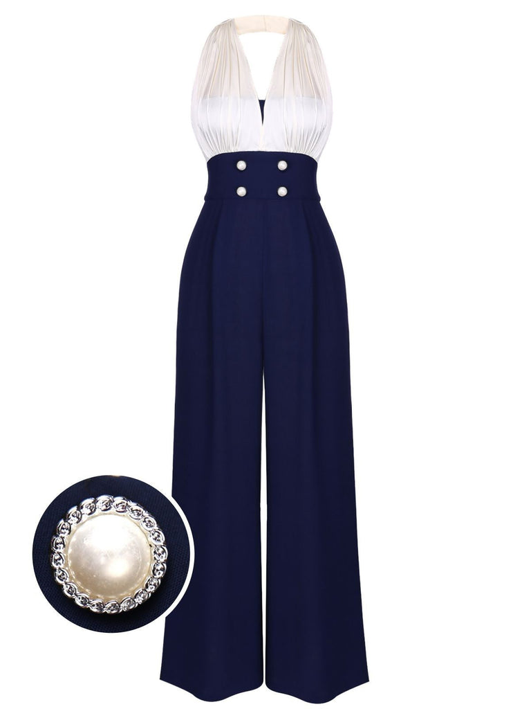 Blue 1930s Halter Patchwork Jumpsuit