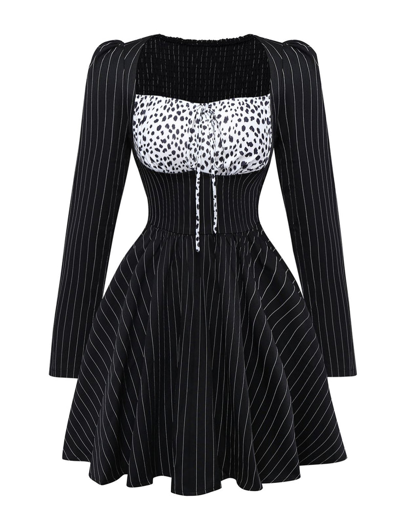 Black 1950s Leopard Vertical Stripe Waist Dress