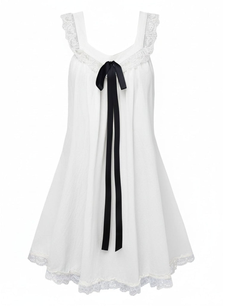 1960s Solid Bow Backless Lace Babydoll Dress