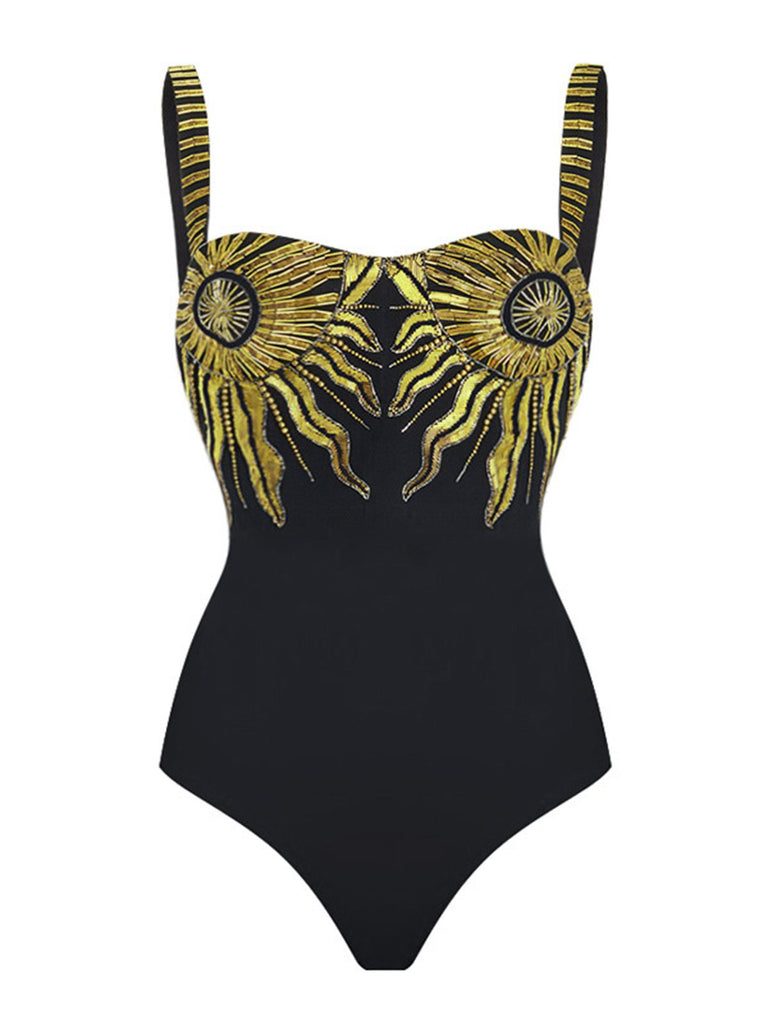 Black 1950s Sequined Sunflower Backless Swimsuit & Cover-Up