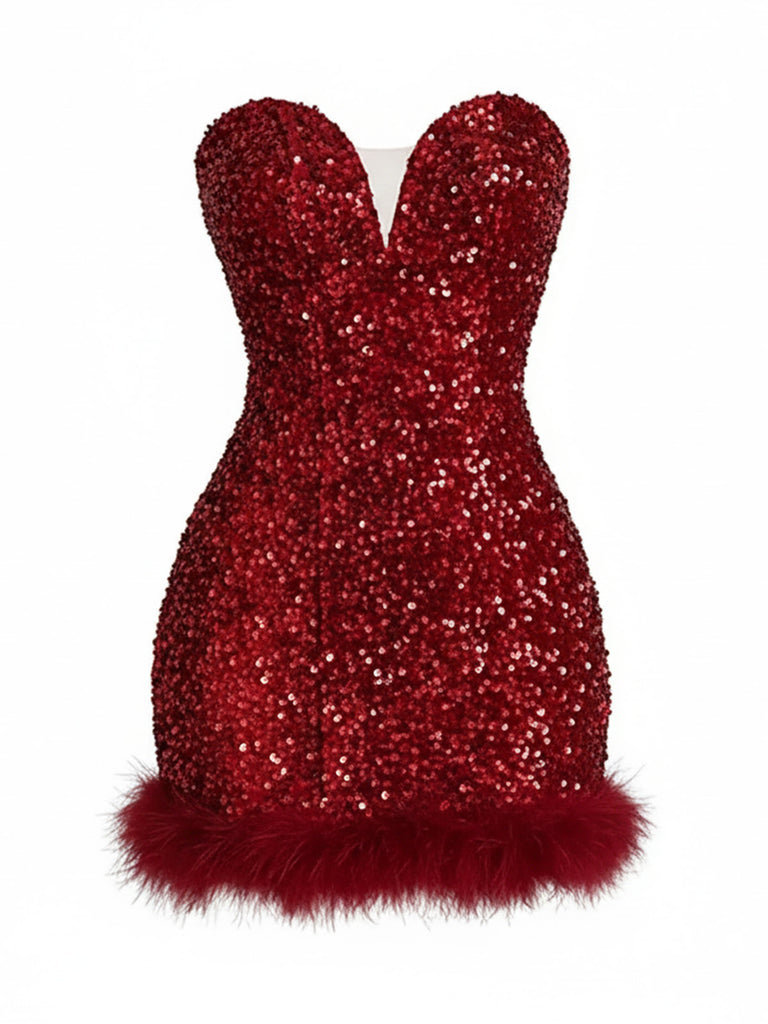 Wine Red 1980s Strapless Sequin Feather Trim Mini Dress