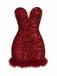 Wine Red 1980s Strapless Sequin Feather Trim Mini Dress