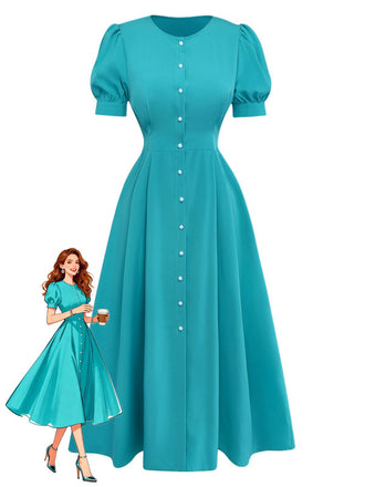 Teal 1950s Button Puff Sleeve Solid Dress