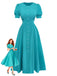 Teal 1950s Button Puff Sleeve Solid Dress