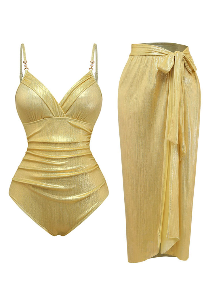 Gold 1980s Ruched One-Piece Swimsuit & Cover Up