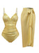 Gold 1980s Ruched One-Piece Swimsuit & Cover Up
