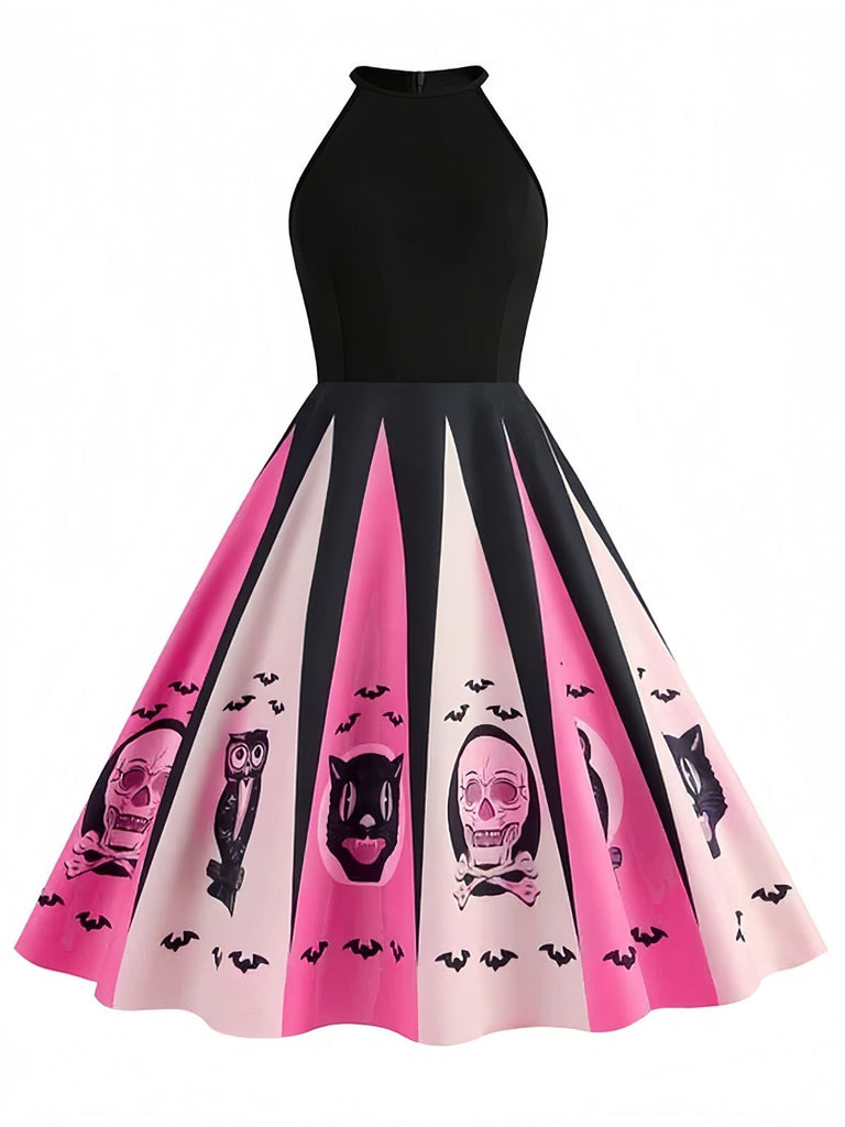 [Pre-Sale] Black&Pink 1950s Halloween Spooky Print Swing Dress