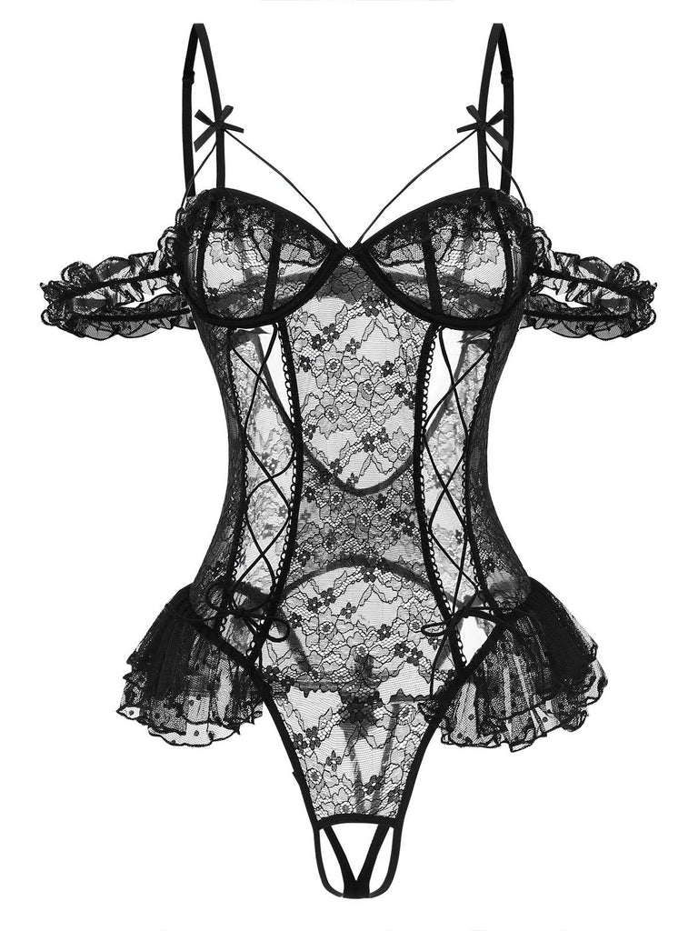 1980s Solid Lace Sheer Bodysuit Nighties