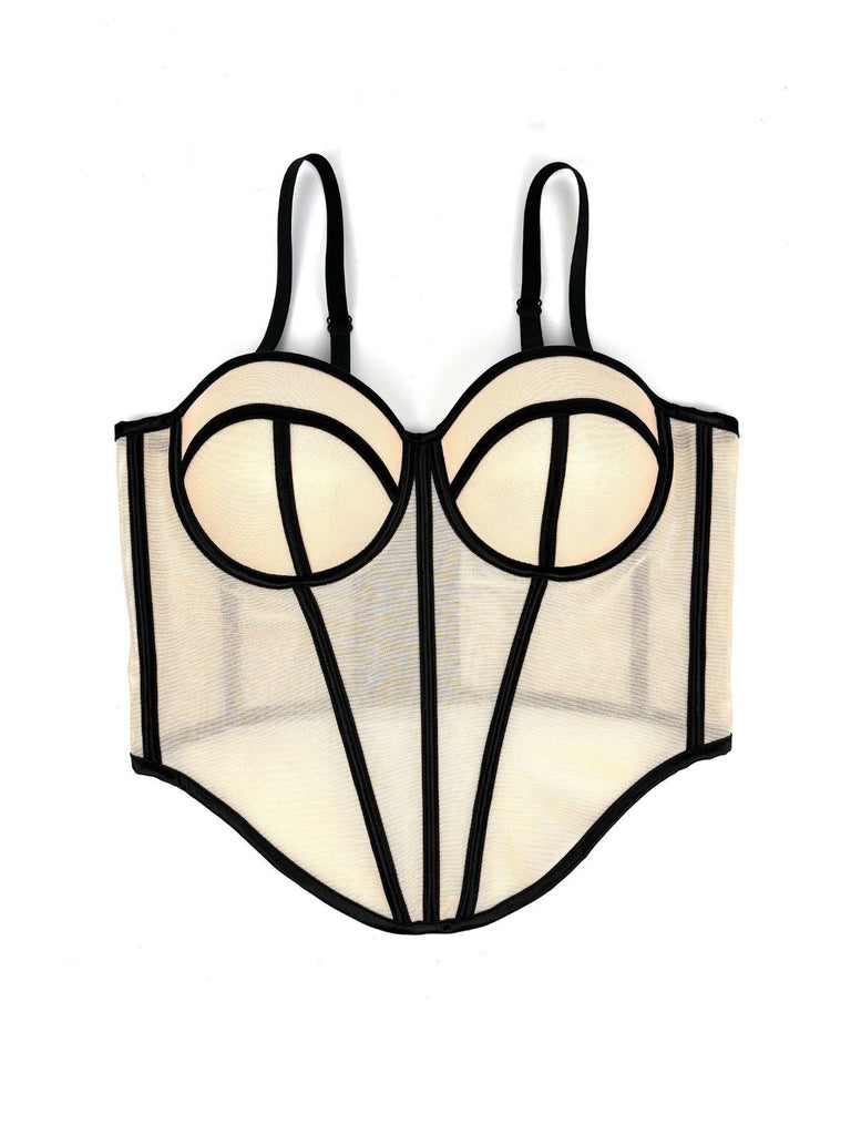 Beige 1980s Sheer Steampunk Herringbone Corset