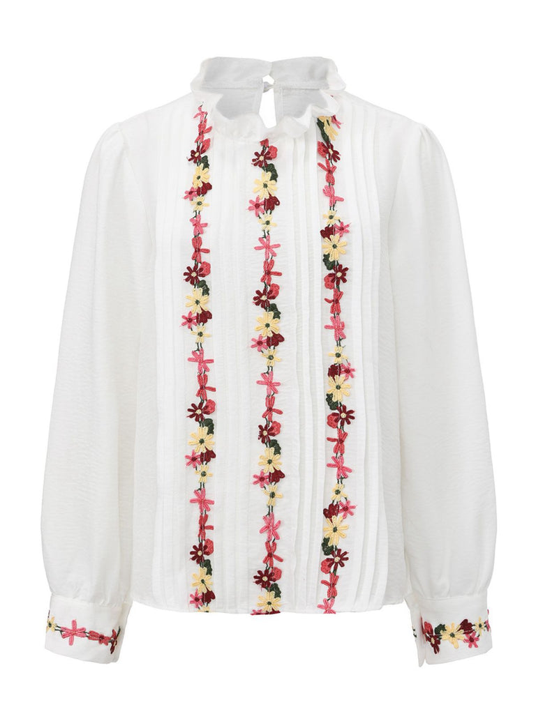 White 1930s Floral Embroidered Ruffled Collar Blouse