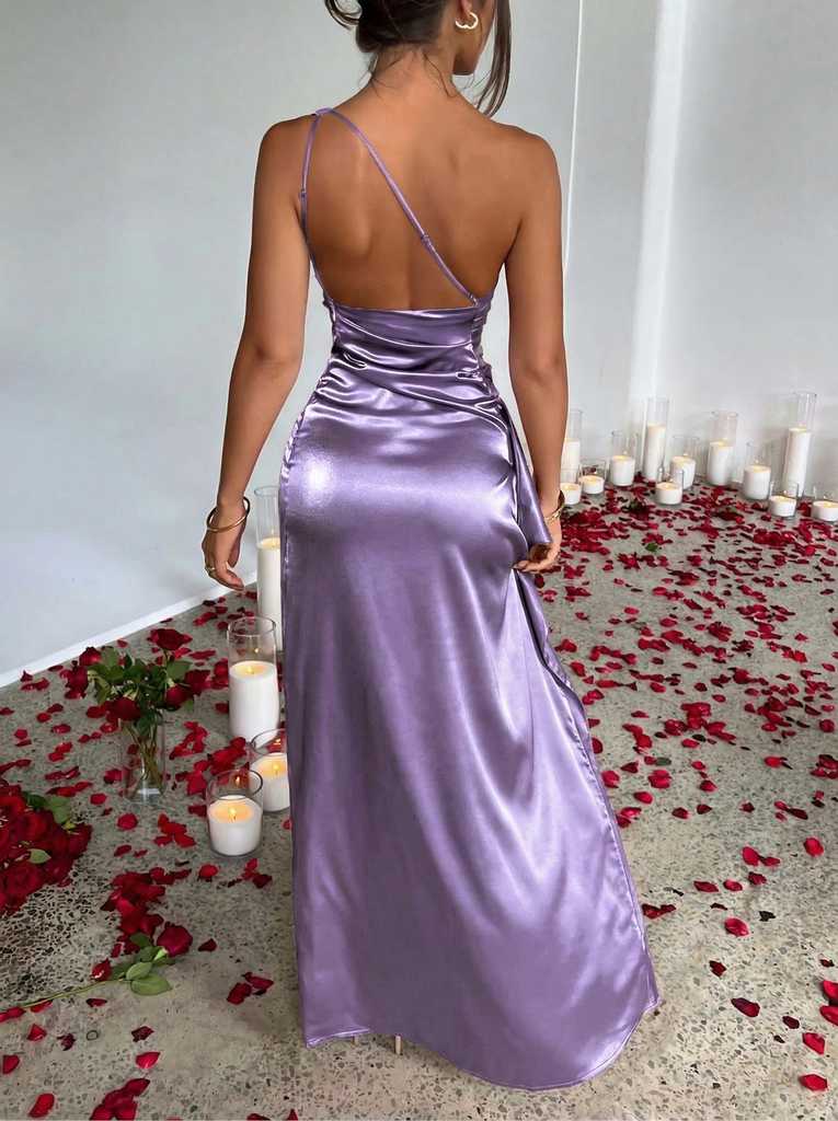 1960s One Shoulder Ruched Slit Satin Dress