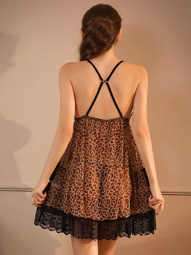 1940s Spaghetti Strap Leopard Lace Nightgown