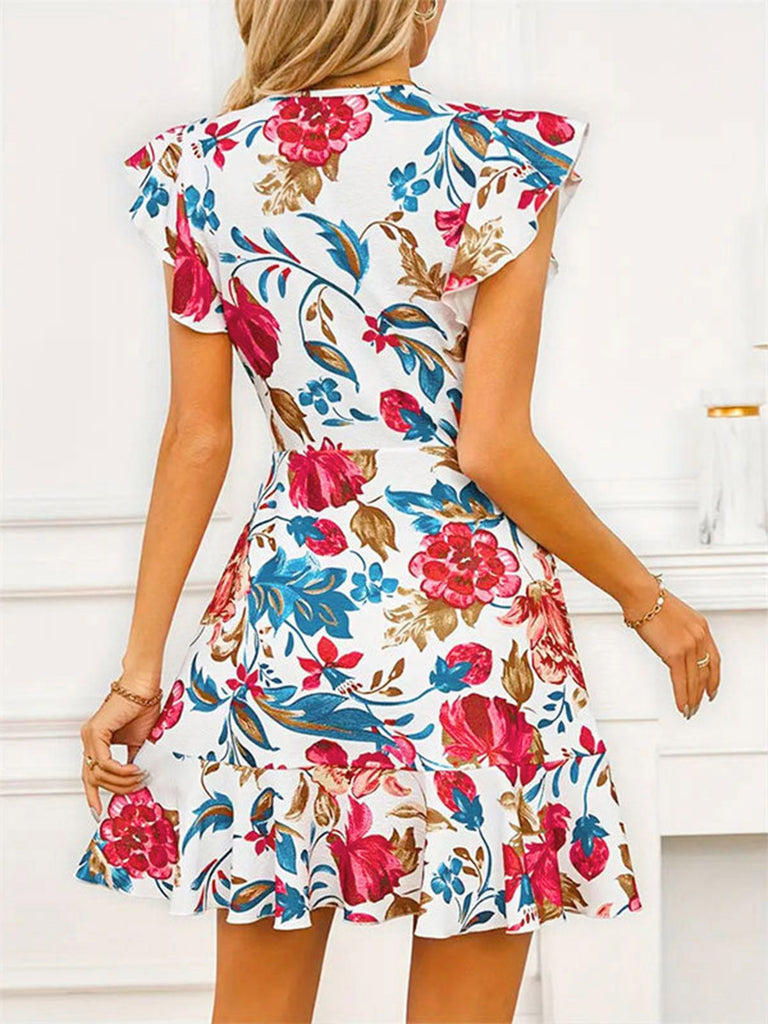 1930s V-Neck Floral Ruffles Flying Sleeve Dress