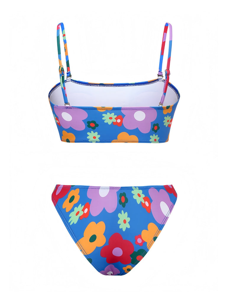 Blue 1960s Cartoon Floral Spaghetti Straps Swimsuit