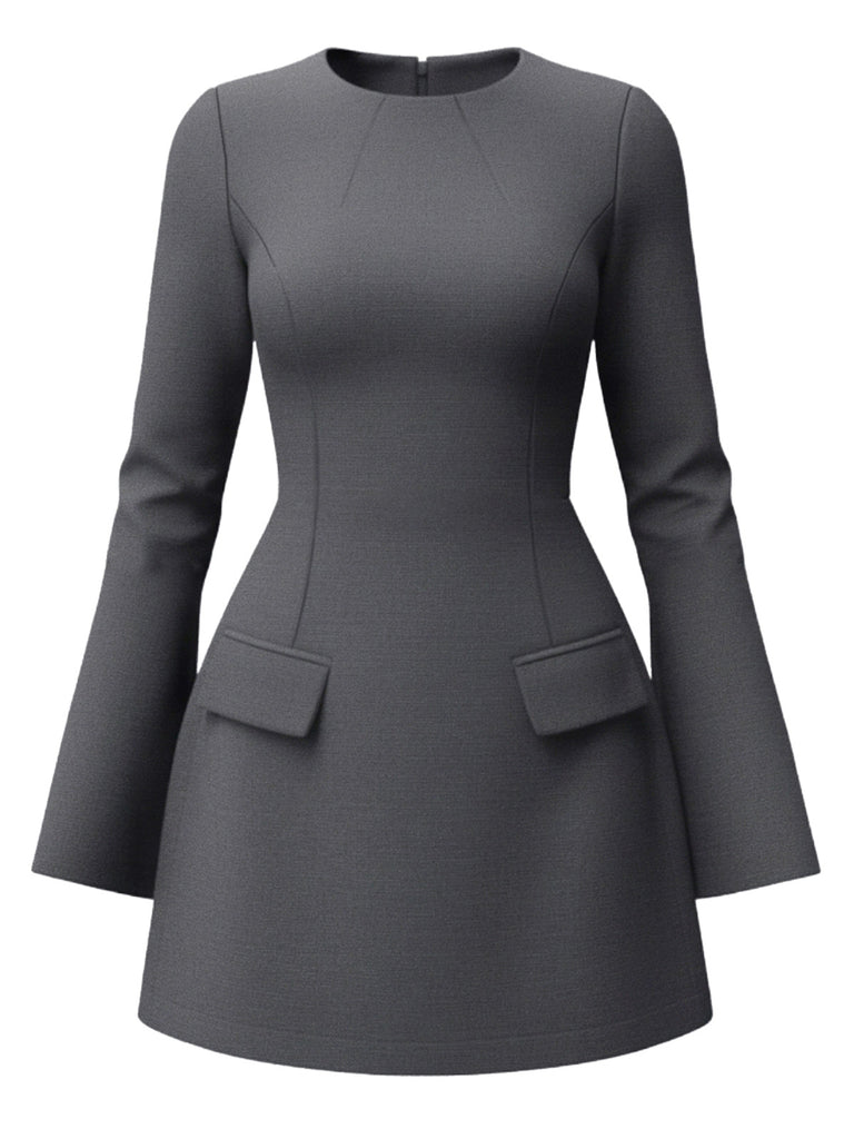 1960s Long Sleeve Faux Pockets Solid Dress