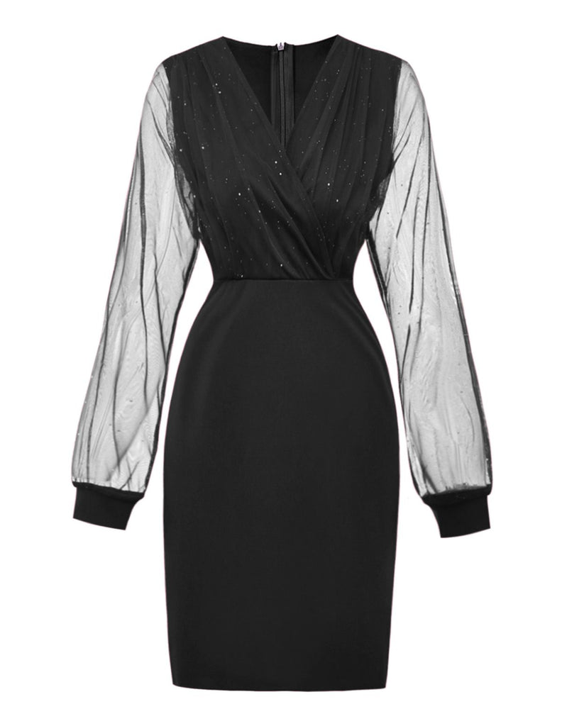 1960s Solid Glitter V-Neck Mesh Bodycon Dress