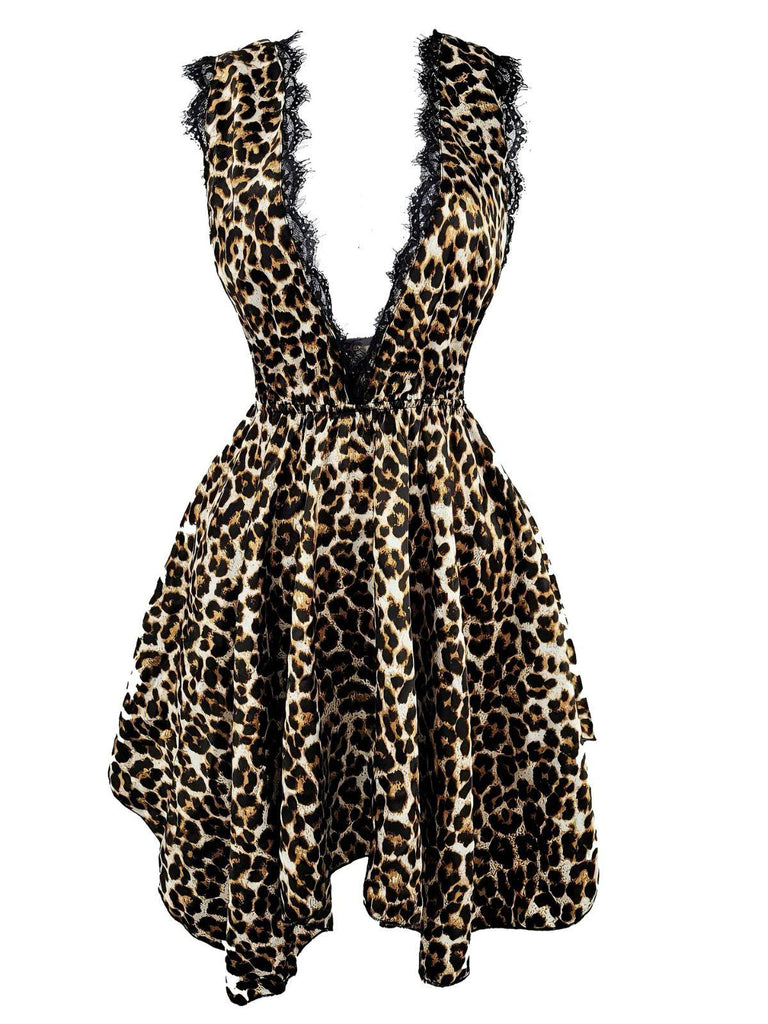 1940s Lace Trim Leopard Print Satin Deep V Nightgown