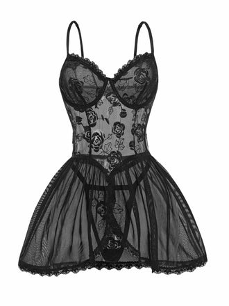 Black 1970s Rose Sheer Lace Suspender Babydoll Nightdress