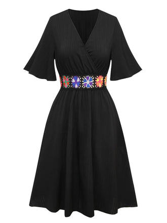 Black 1940s Embroidery Boho V-Neck Dress