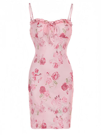 Pink 1960s Spaghetti Strap Roses Nightgown