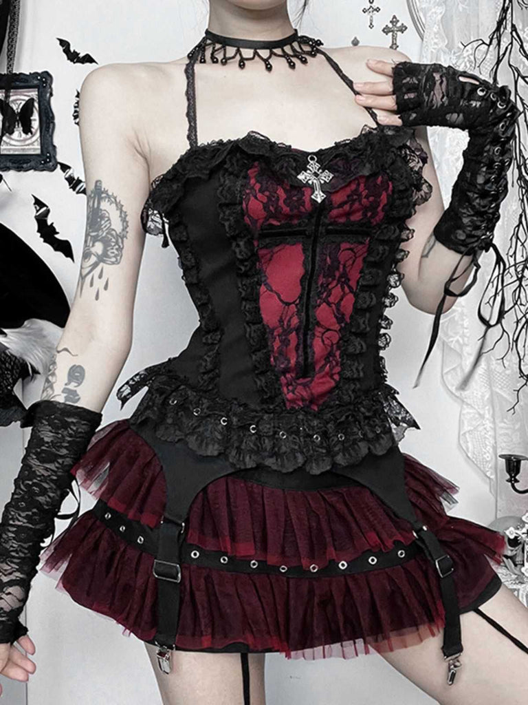 2PCS Black 1980s Gothic Steampunk Halter Cross Camisole & Mini Skirt