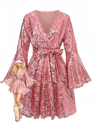 1970s V-Neck Flare Sleeve Sequined Disco Dress