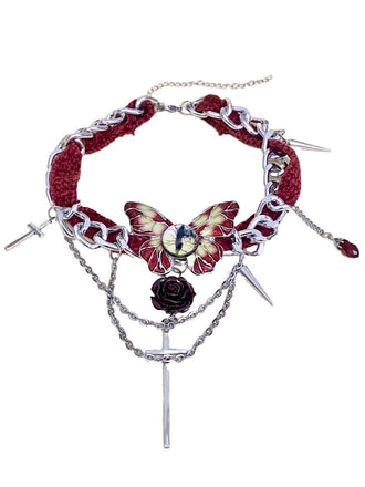 Gothic Cross Chains Rose Red Velvet Butterfly Choker