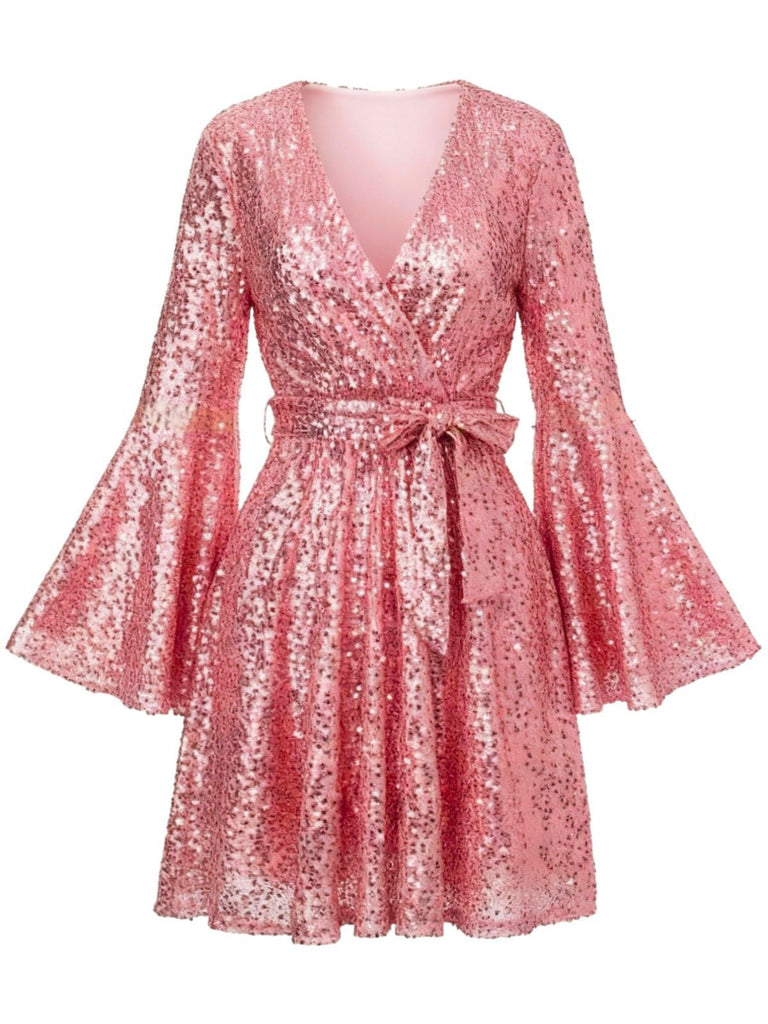 1970s V-Neck Flare Sleeve Sequined Disco Dress