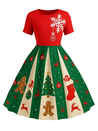 [Pre-Sale] [Plus Size] Red & Green 1950s Christmas Snowflake Swing Dress