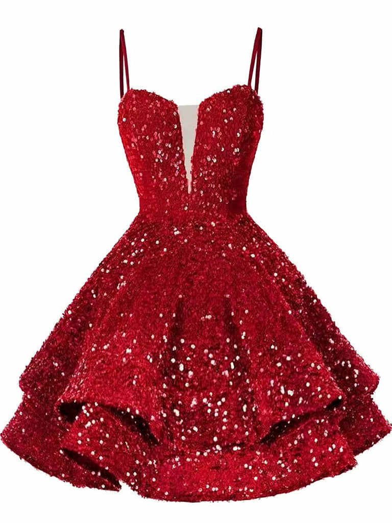 Red 1950s Sequin Deep V-Neck Lace-UP Mini Party Dress