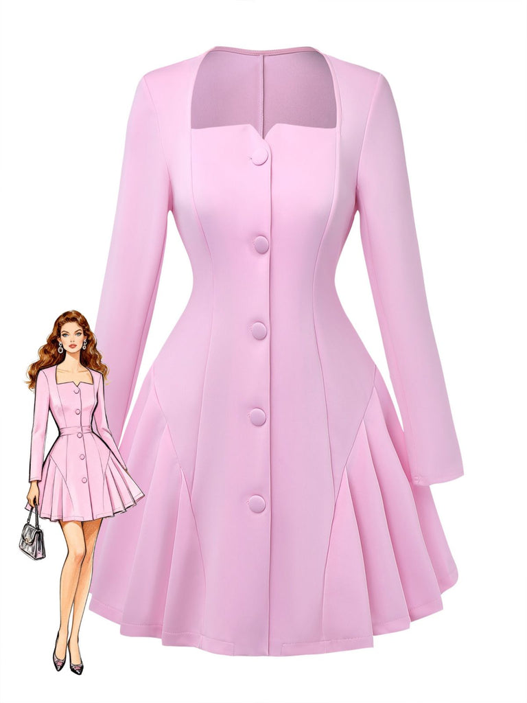 1950s Sweetheart Neck Long Sleeve Solid Pleated Dress
