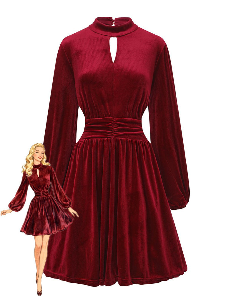 1940s Velvet Cutout Pleated Lantern Sleeve Dress