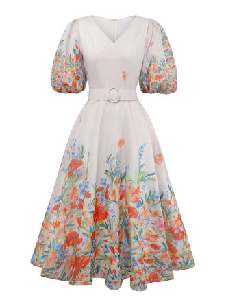 Multicolor 1950s Floral V-Neck Lantern Sleeve Belted Dress