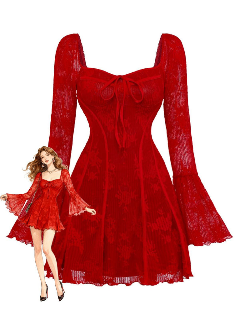 Red 1960s Floral Bow Bell-Sleeve Knit Dress