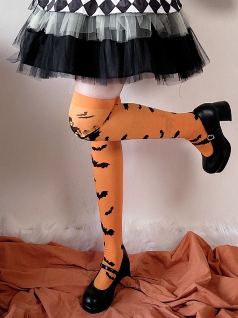 Orange Halloween Bat Over Knee Stockings