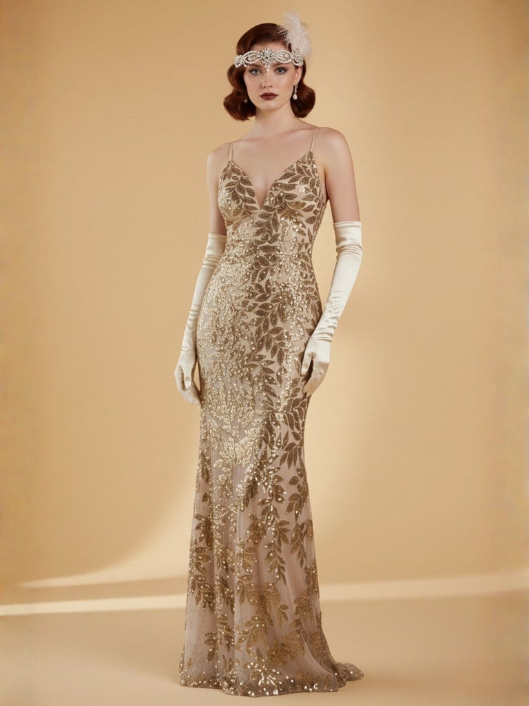 Gold 1920s Leaves Sequined Mesh Fishtail Dress