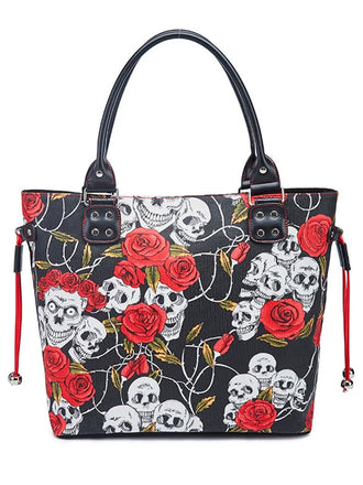 Vintage Punk Skull & Rose Print Handbag