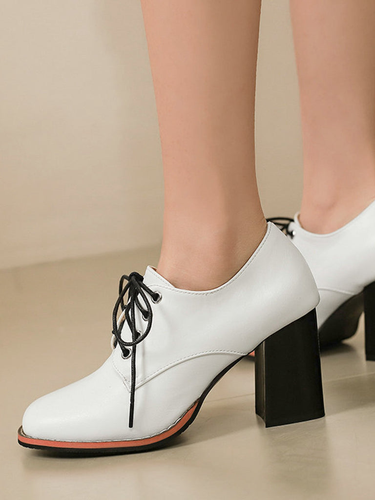 Vintage Leather Lace-Up Chunky Heel Shoes