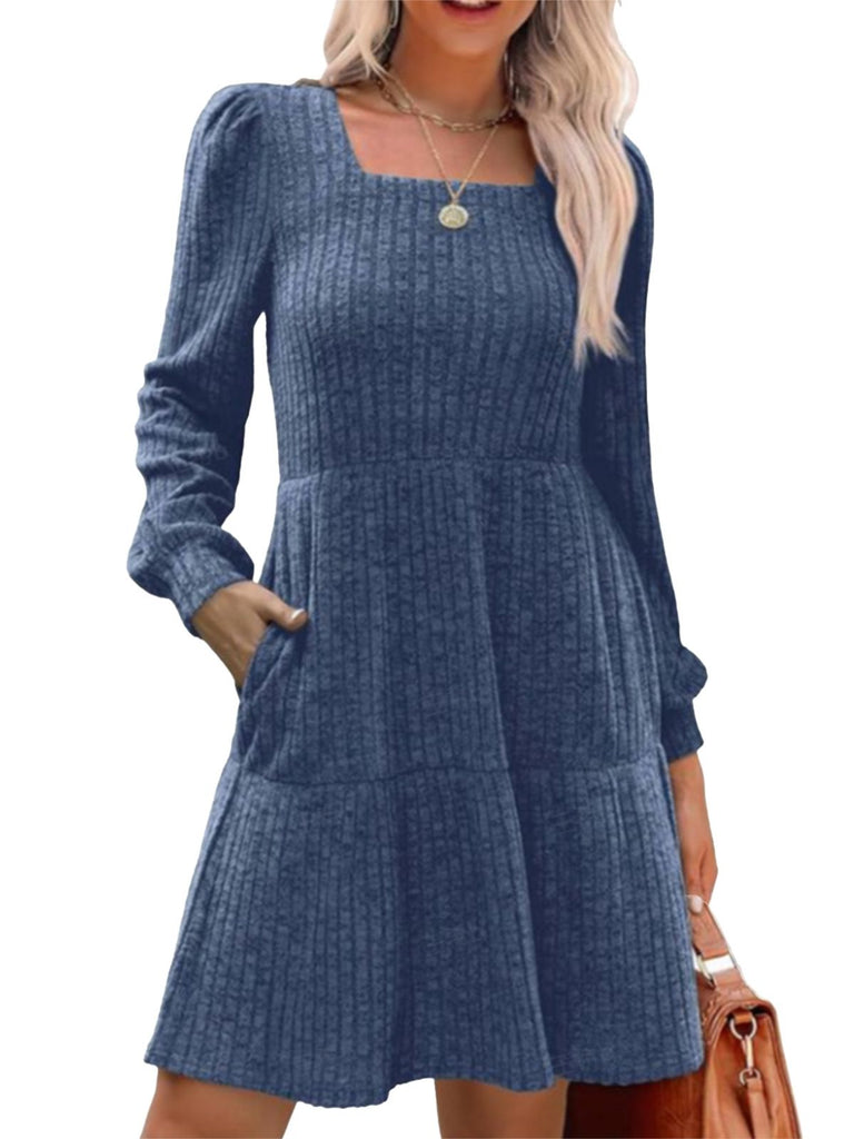 1950s Solid Ribbed Square Neck Long-Sleeve Dress