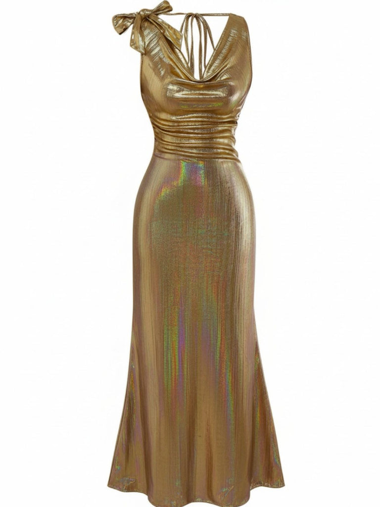 Gold 1930s Metallic Textured Bow Cowl Neck Dress