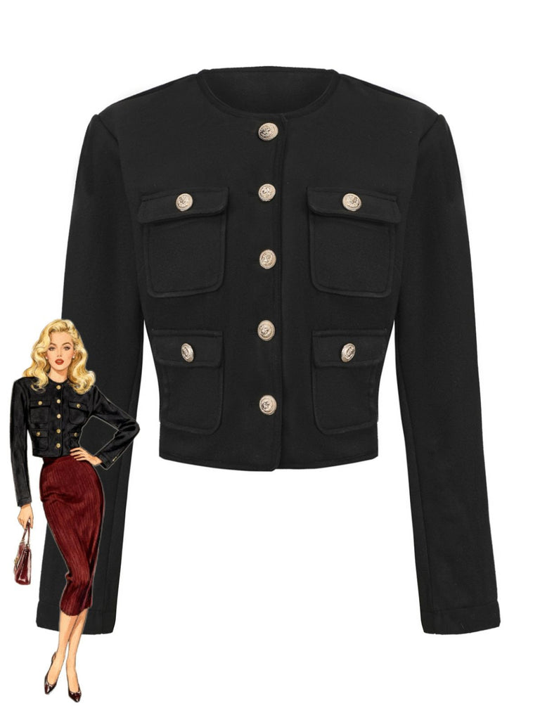 Black 1940s Solid Faux-Wool Short Jacket