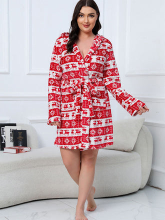 [Plus Size] 1950s Winter Print Plush Hooded Robe