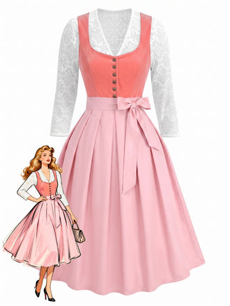 Pink 1950s Velvet Sweetheart Neck Dress & Apron & Lace Top