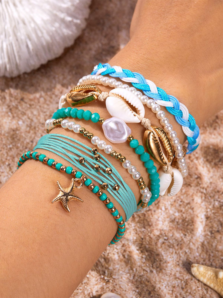 7PCS Blue Shell Beaded Braided Layered Bracelet Set