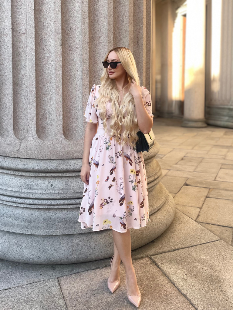 Pink Flowers And Birds Bowknot V-Neck Dress