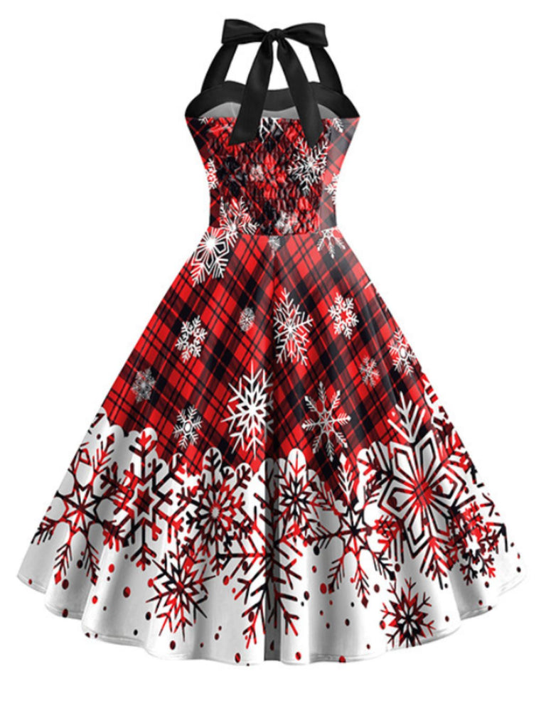 1950s Christmas Plaid Snowflake Halter Dress