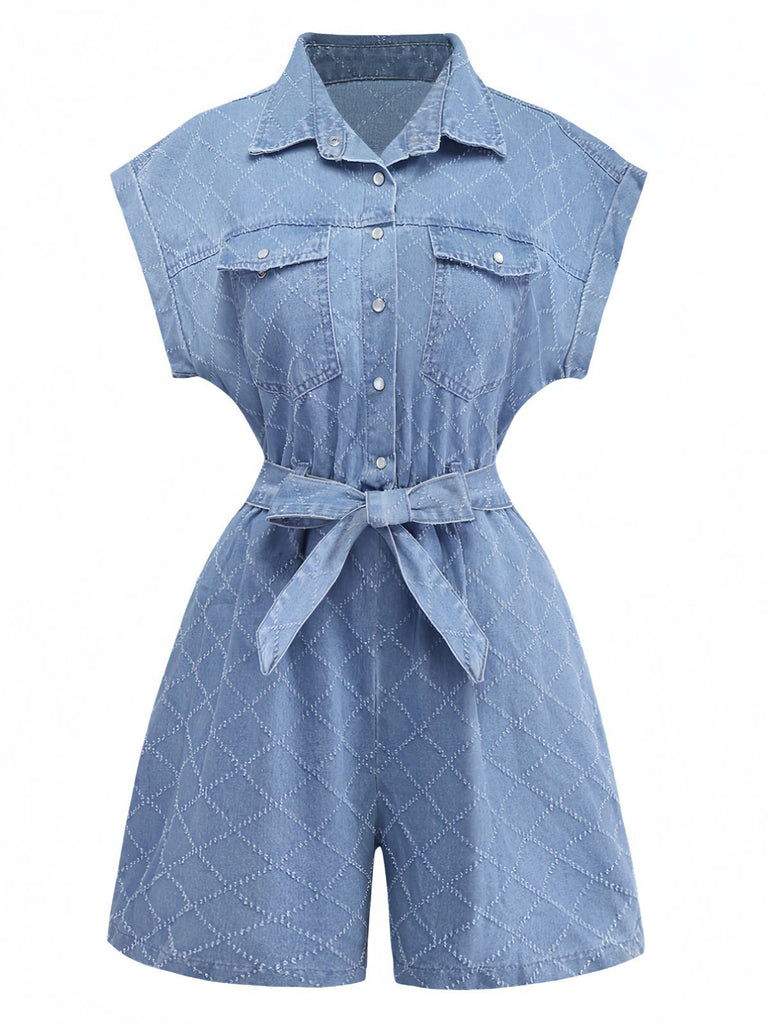 Blue 1980s Denim Button-Down Utility Romper