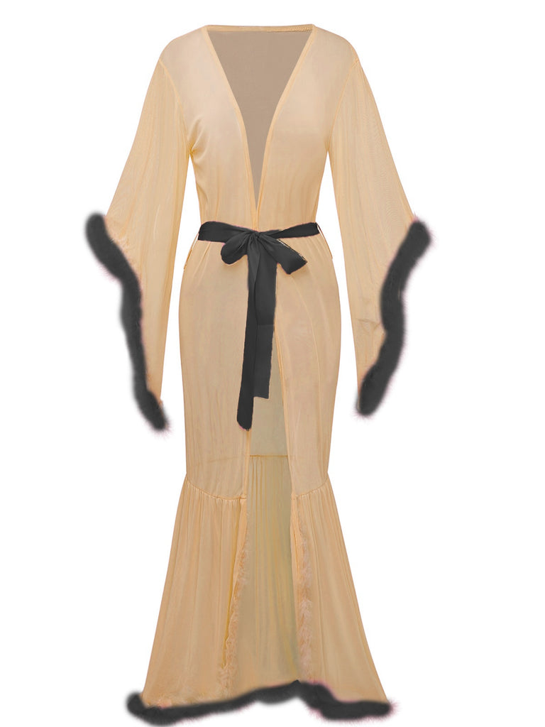 1930s Solid Feather Trim Lace-Up Mesh Robe