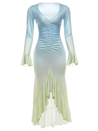 Ombre 1980s Ruched Ruffle-Hem Long-Sleeve Maxi Dress