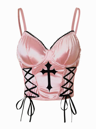 Pink 1970s Cross Gothic Satin Lace-Up Camisole